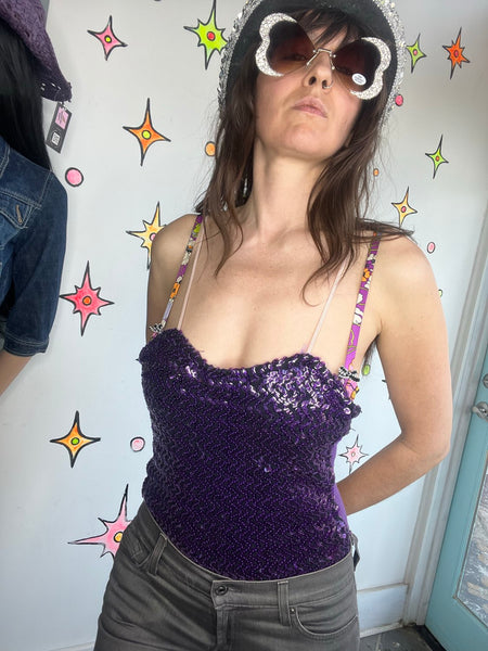 Vintage Dance Costume | Purple Sequin Showgirl Burlesque Circus Leotard Playsuit