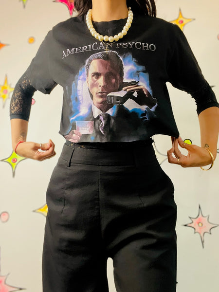Y2K Cut Off Cropped American Psycho Graphic Tee - Cult Film Horror Shirt - Small