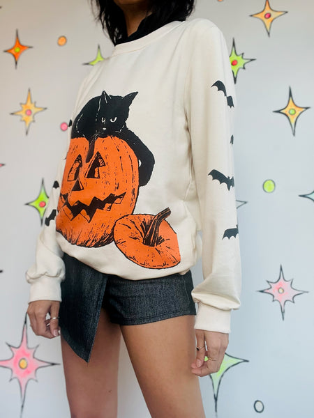 Vintage Halloween Sweater Witchy Black Cat and Pumpkin Size M
