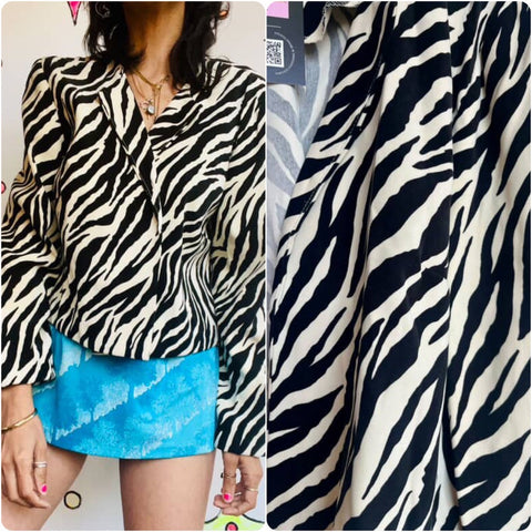 Vintage 80s | Faux Suede Black & White Zebra Print Punk Blazer Jacket | size 16