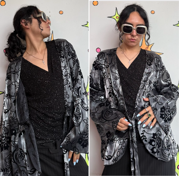 Velvet Burnout Kimono | Silver Black Floral Boho Goth Duster One Size