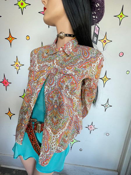 Talbots Paisley Button Up Shirt Rainbow Western Retro Layer Top Boho Vintage M