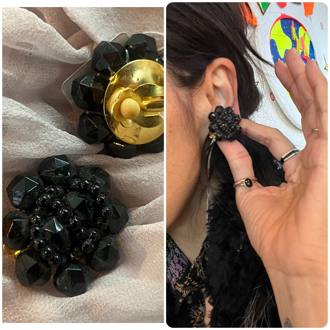 Vintage 50s 60s Witchy Goth Black Clip On Earrings Chunky Sparkly Crystals Beads