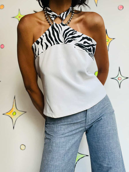 Vintage Y2K | Zebra Print Fairy Grunge Indie Sleaze Halter Top | XL | Bratz Vibe