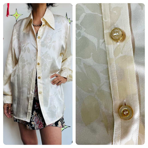 Vintage 90s ESCADA Embossed Floral Off-White Silk Blouse w Gold Buttons - L