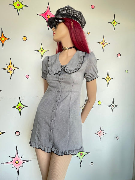 Houndstooth Babydoll Mini Dress Big Collar Preppy Dark Academia Mall Goth S