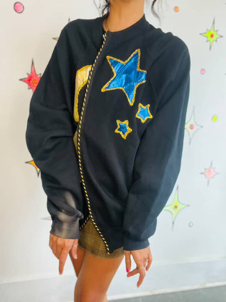 Vintage 80s Black Embellished Celestial Witchy Stars Moons Sweater L XL