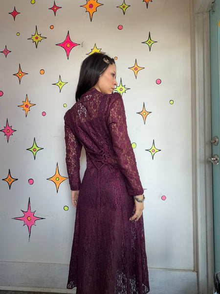 Vintage 90s Merlot Lace Maxi Dress Sheer Romantic Goth Prairie Fairy Grunge - S
