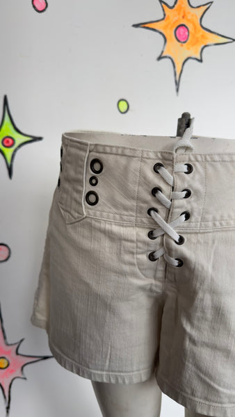 Y2K Mudd Studded White Lace-Up Shorts ' McBling Indie Sleaze - Size 11