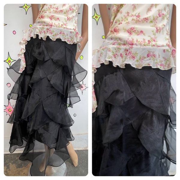 Y2K Whimsy Goth Western Boho Grunge Black Ruffle Tiered Maxi Skirt - Small