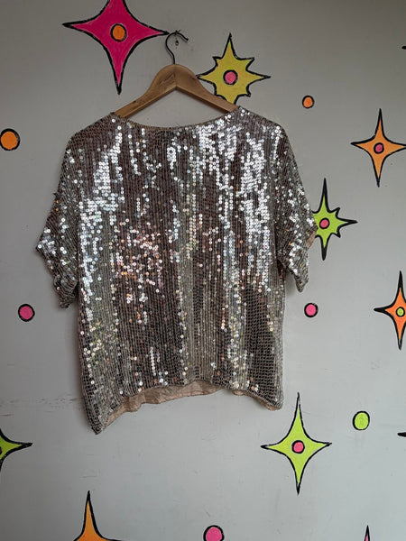 Vintage 1980s Art Deco Silver Sequin Flapper Silk Disco Top | L
