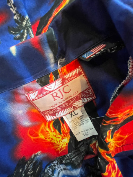 Y2K Men's Volcano Graphic Souvenir Hawaiian Shirt Tiki Party Vacation Tee XL