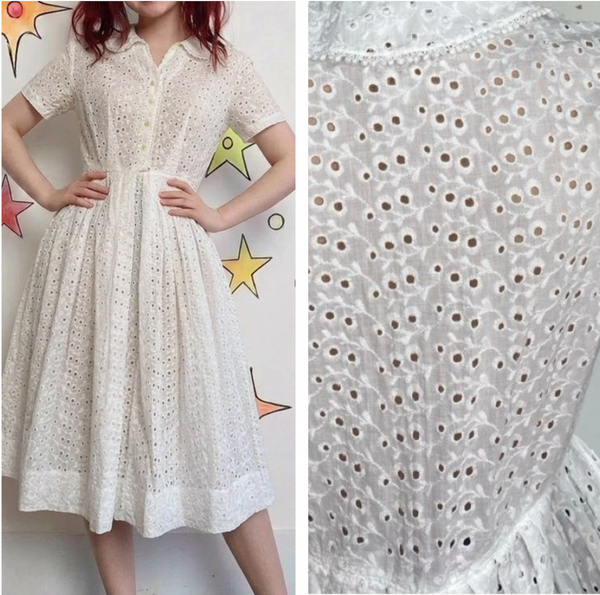 1950s Nelly Don White Lace Rockabilly Midi Dress Collared Vintage S