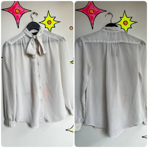 Vintage 70s 80s White Babydoll Coquette Secretary Blouse - Bow Tie Neck - M