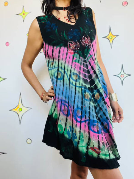 Vintage Black & Rainbow Grunge Fairy Boho Festival Mini Dress | Size M/L