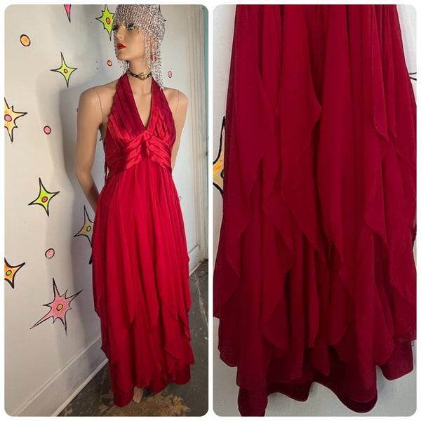 Y2K Red Silk Halter Fairy Princess Prom Dress Silk Halter Gown BCBG Max Azria XS
