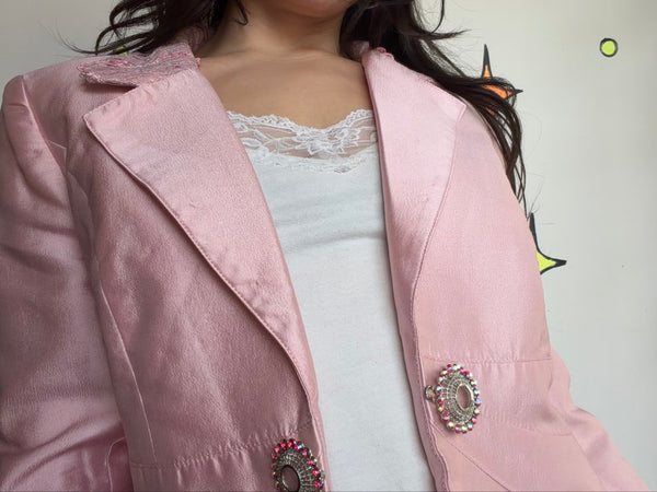 Lily Taylor Y2K Pink Silk Blazer | Barbiecore Dollcore 80s Girly McBling Glam L