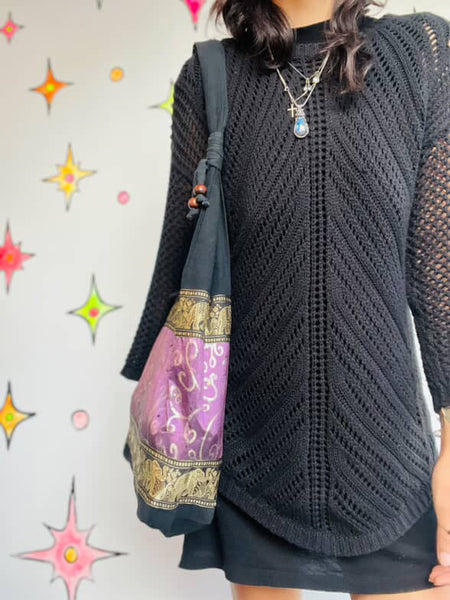 Vintage Beaded Black Gold & Purple Boho Fairy Grunge Tote Bag - Elephant Print