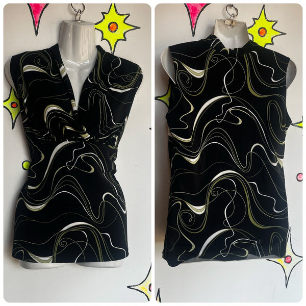 Vintage Y2K Black Green Cyber Fairy Grunge Top Slinky Goth Abstract Print - L