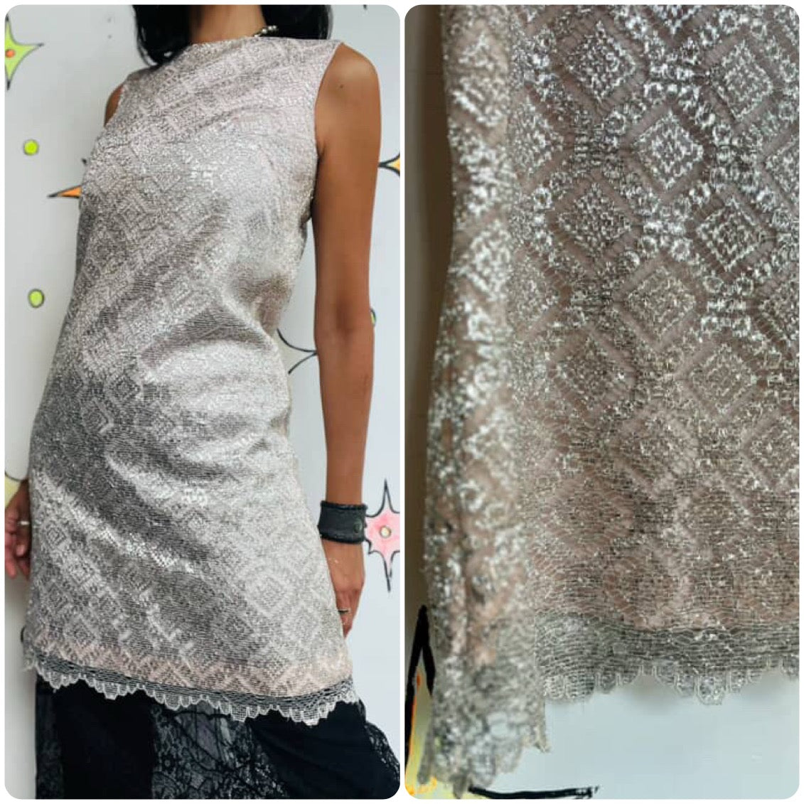 Vintage 60s 70s Light Pink & Silver Lace Mod Mini Party Dress Fairy Grunge - S