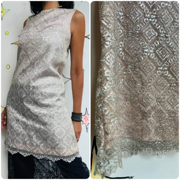 Vintage 60s 70s Light Pink & Silver Lace Mod Mini Party Dress Fairy Grunge - S