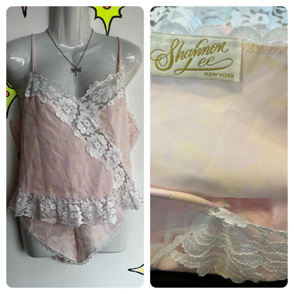 Vintage 70s 80s | Pink Lace Nighty Teddy PJ Pajama Set Fairy Grunge Coquette | L