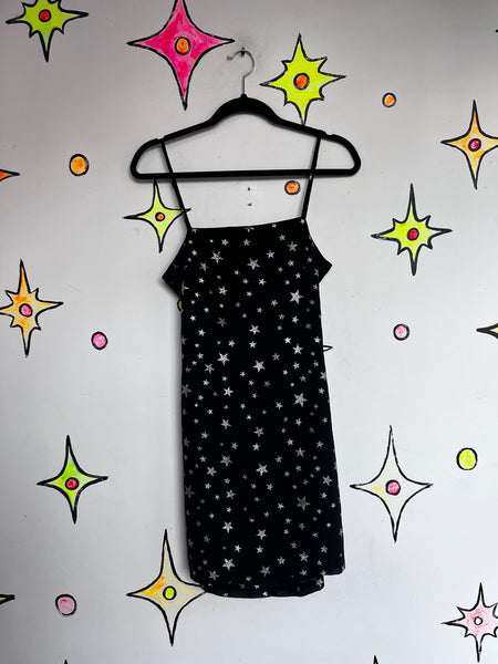 Black Party Dress Silver Stars - Y2K Witchy Fairy Goth Whimsy Celestial - M