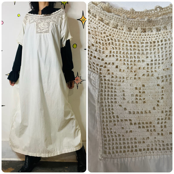 Antique Early 1900s Edwardian White Cotton Lace Slip Dress Chemise Corset Cover