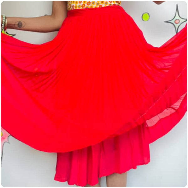 Vintage 50s 60s Bright Red Pleated Full Twirl Skirt Tulle Sheer Chiffon Layers S
