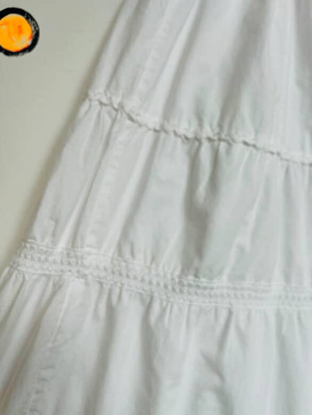 Y2K White Boho Tiered Cotton Maxi Skirt – Coquette Fairy Grunge Crinoline – M