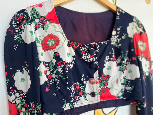 Groovy 60s/70s Navy Floral Crop Top Bolero - Long Sleeve Vintage Charm