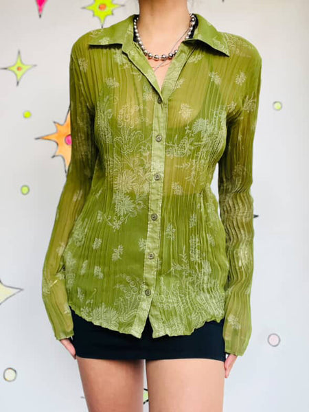 Vintage 90s Y2K Sheer Green Long Sleeve Fairy Grunge Whimsy Boho Blouse - M