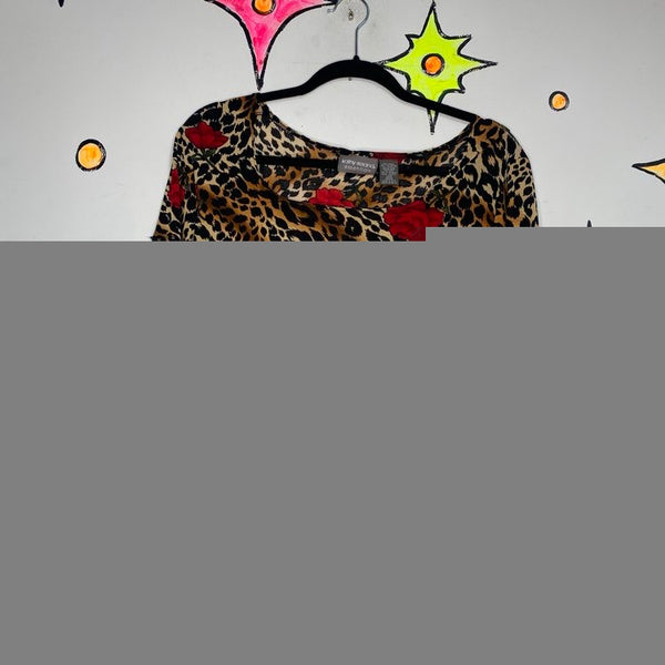 Vintage 90s Leopard & Rose Print Stretchy Square Neck Glam Grunge Top M/L