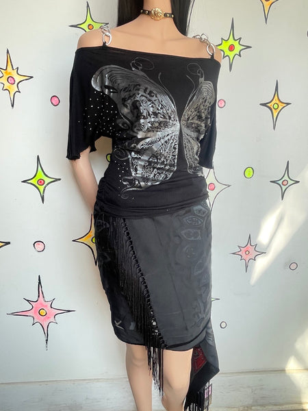 Y2K Black Chain Off Shoulder Butterfly Tattoo Top Cyber Grunge Whimsy Goth M