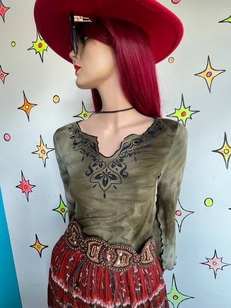 Boho Fairy Grunge Army Green Tie-Dye Bell-Sleeve Cropped Tee Top M
