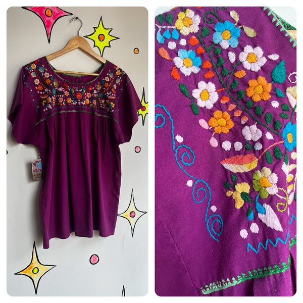 Vintage 60s 70s Boho Oaxacan Mexican Hand Embroidered Festival Blouse Top