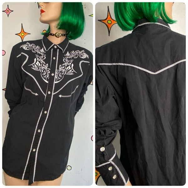 Men’s Black Embroidered Western Shirt Goth Cowboy Grunge Button Down L