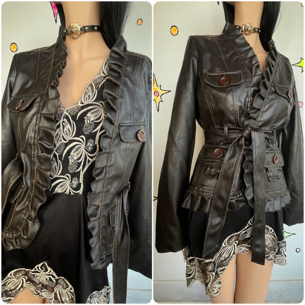 Y2K Babydoll Brown Vegan Leather Jacket – Fairy Grunge Moto Retro M/L