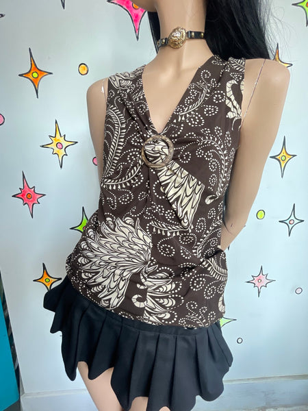 Y2K Paisley Stretch Top 90s Abstract Art Print Earth Tone Boho Fairy Blouse M