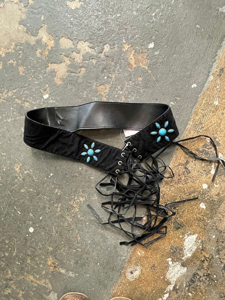 Black Fringe Western Goth Faux-Turquoise Vegan Suede Wrap Belt S/M