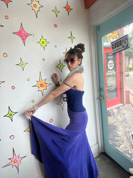 90s Y2K Royal Purple Sweetheart Ruched High Slit Rhinestone Maxi Prom Dress XS/S