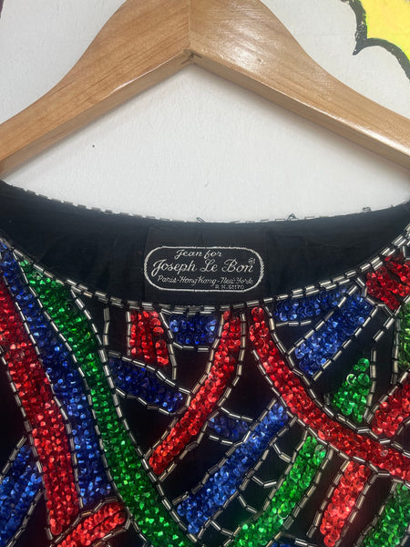 80s Rainbow Beaded Silk Top Art Deco Glam Disco Luxe Vegas Party Blouse S/M