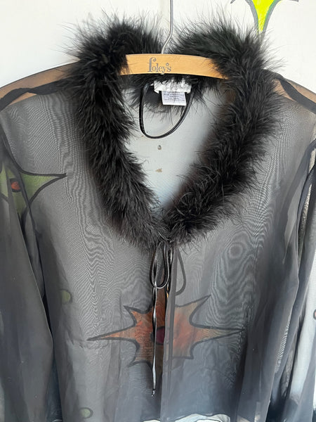 Vintage Black Sheer Feather Trim Goth Glam Vamp Lingerie Robe – Small