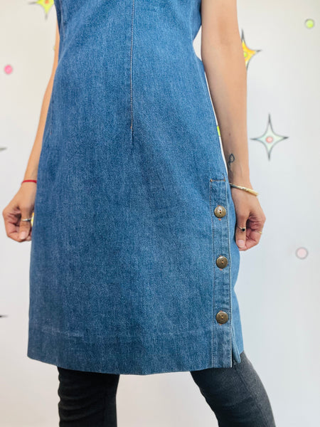 Vintage 90s Denim Overall Dress | Grunge Fruits Streetstyle Emo Mini Dress | 8