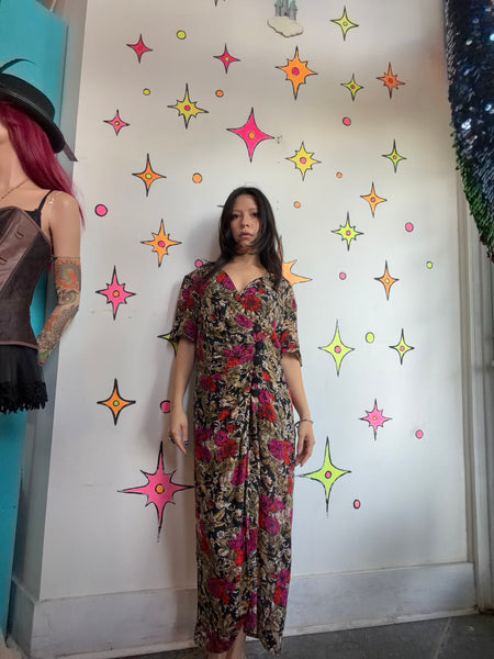 90s Floral Silk Dress Romantic Fairy Grunge Whimsy Goth Office Siren M/L