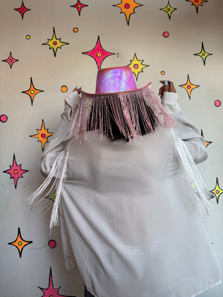 White Fringe Western Shirt | Cowboy Core Rodeo Fringe Button Up Oversized XL