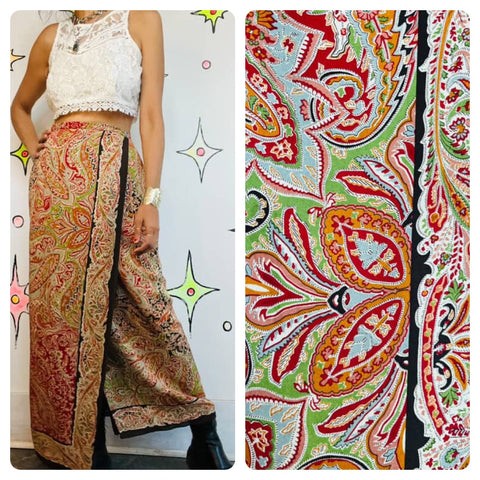 Y2K Boho Fairy Grunge Paisley Silk Wrap Maxi Skirt | Paisley Print | Size 6