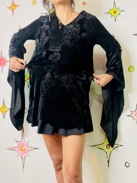 Black Velvet Hooded Goth Mini Dress | Bell Sleeves Witchy Dress | S/M