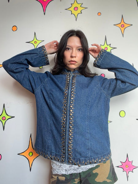 Y2K Beaded Denim Jacket | Embellished Rhinestone Indie Sleaze McBling Glam L