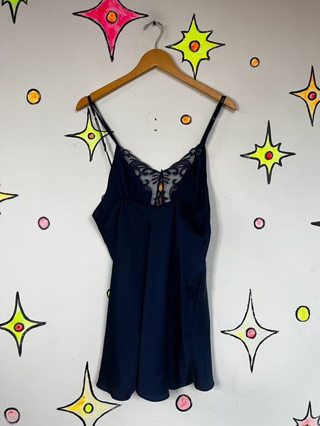 Vintage 90s Y2K Navy Satin Lace Fairy Grunge Slip Lingerie Mini Dress – Lace S
